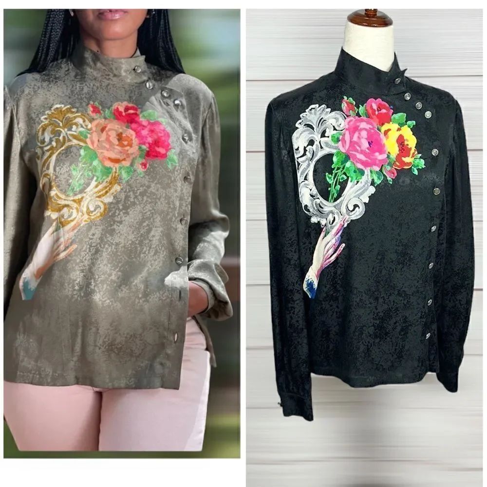 Ungaro Parallele Paris Vintage Black Silk Jacquard Blouse Floral Bouquet US 8-10